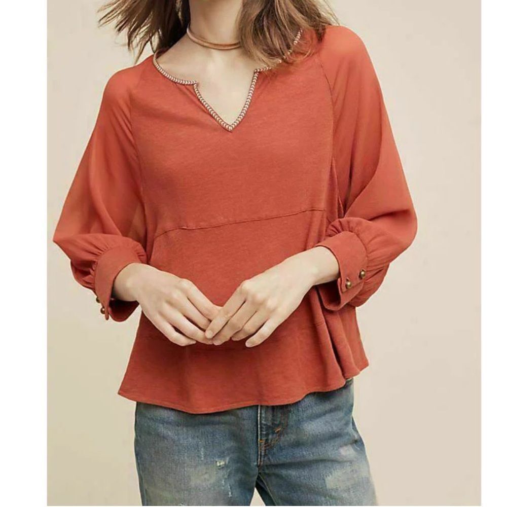 Akemi + Kin Anthropologie Fenn Boho Peplum Blouse Sheer Sleeve Split Neck M